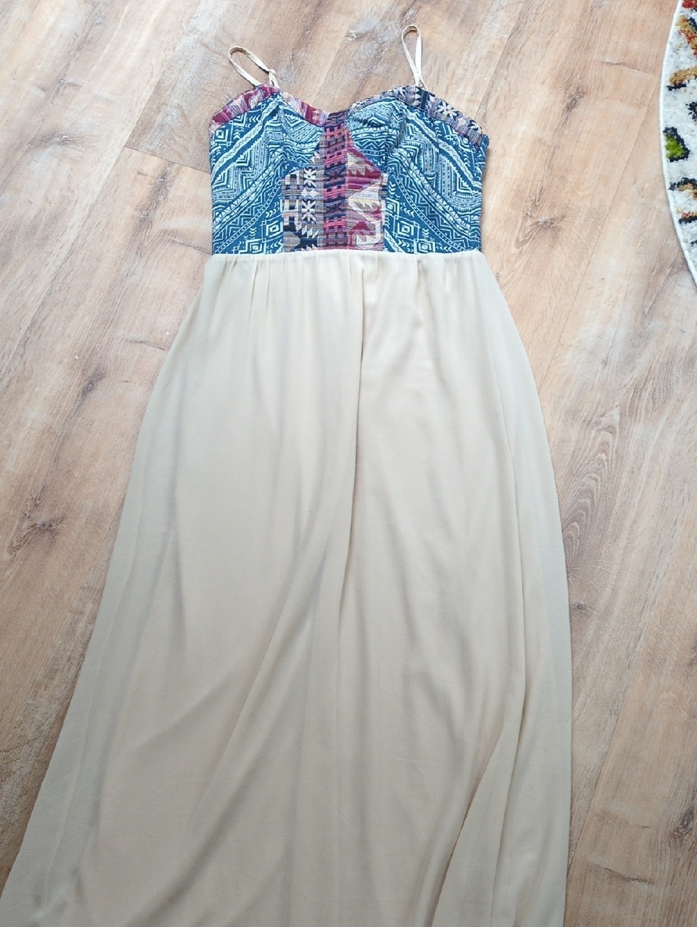 NWOT Flying Tomato Strapless Maxi Dress with Patterned Bodice and Cream Skirt